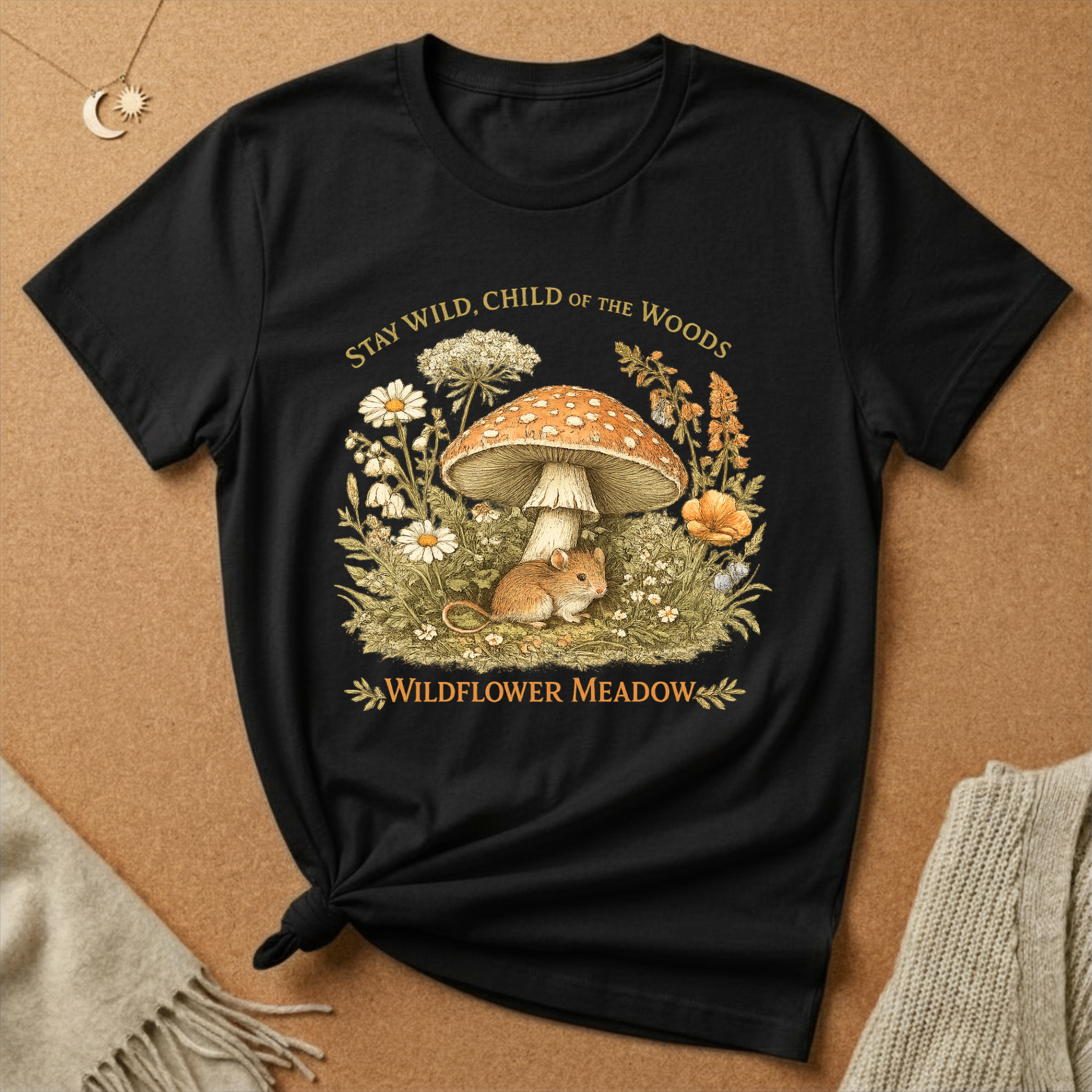 Stay Wild, Child of the Woods with mouse and mushroom Tee