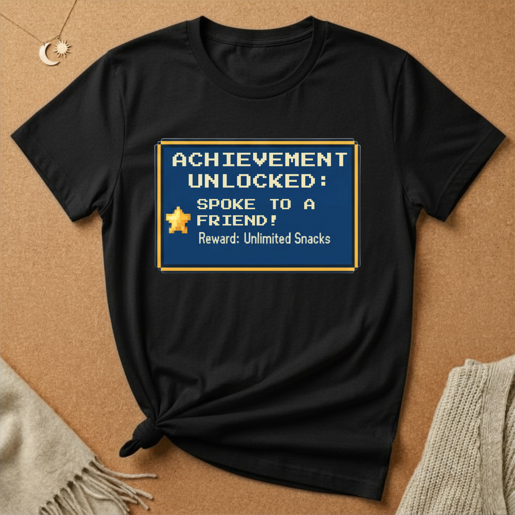 Achievement Unlocked: Spoke to a Friend. Reward: Unlimited Snacks! Tee