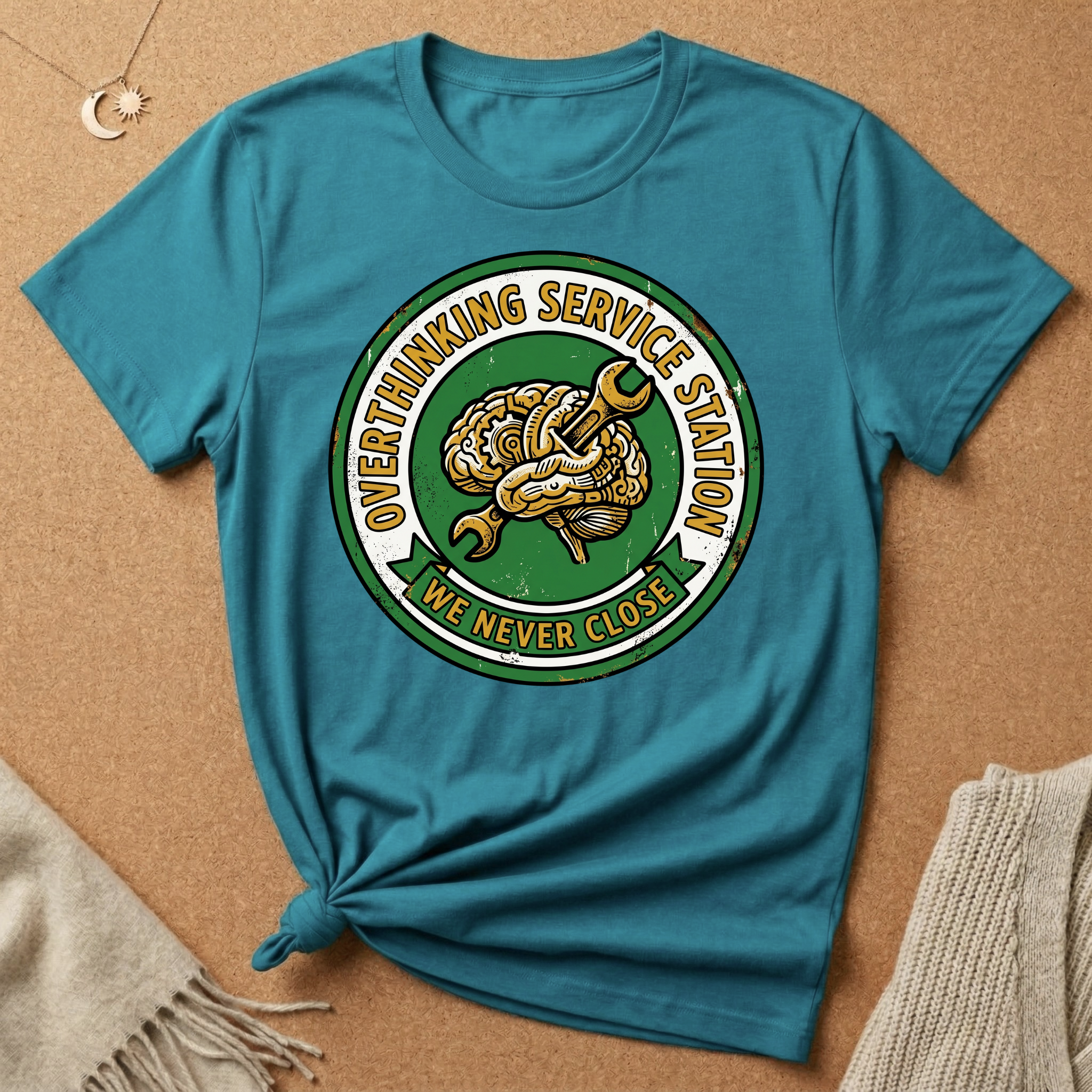 Overthinking Service Station We Never Close Brain Tee