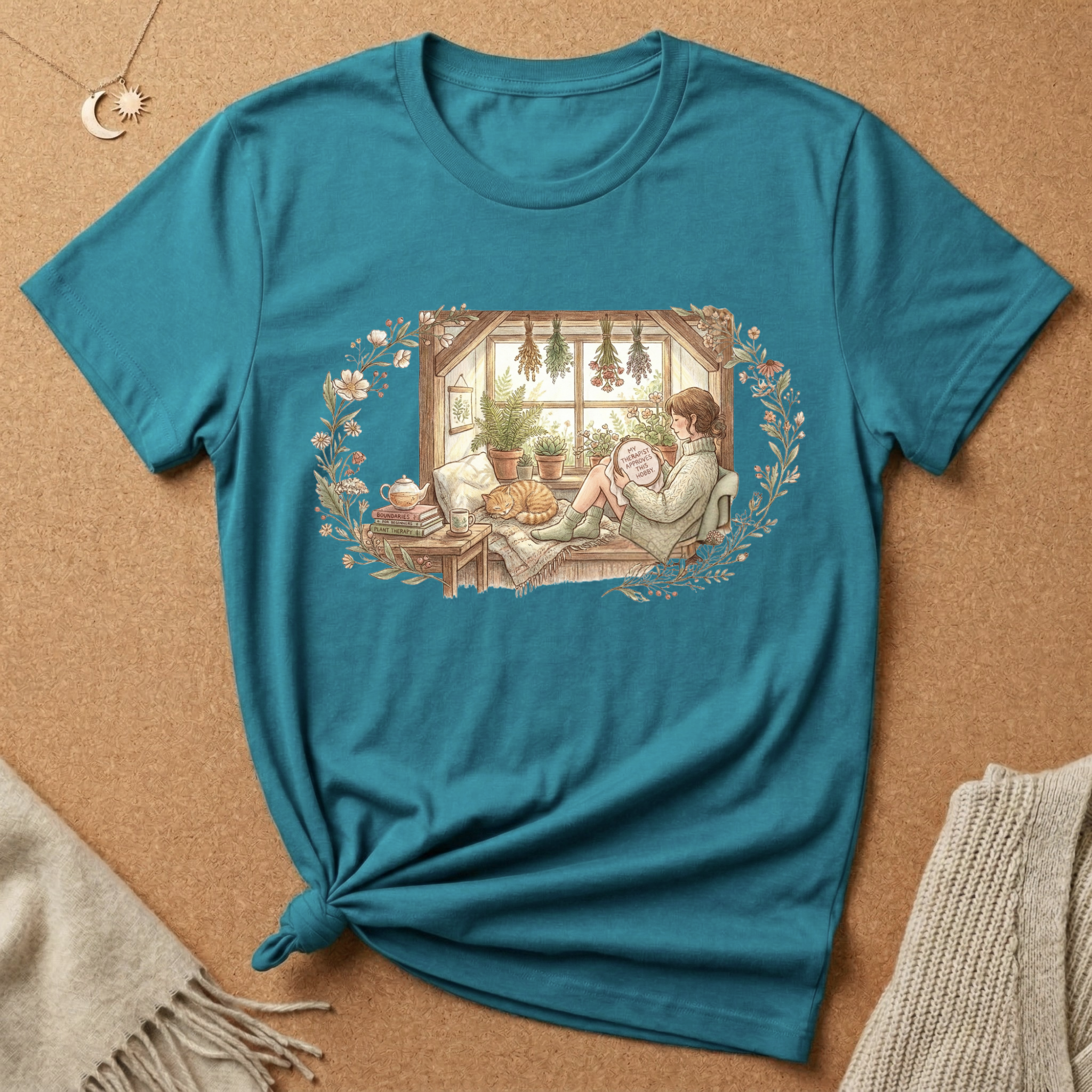 Cozy girl with cat by the window cottagecore inspired Tee