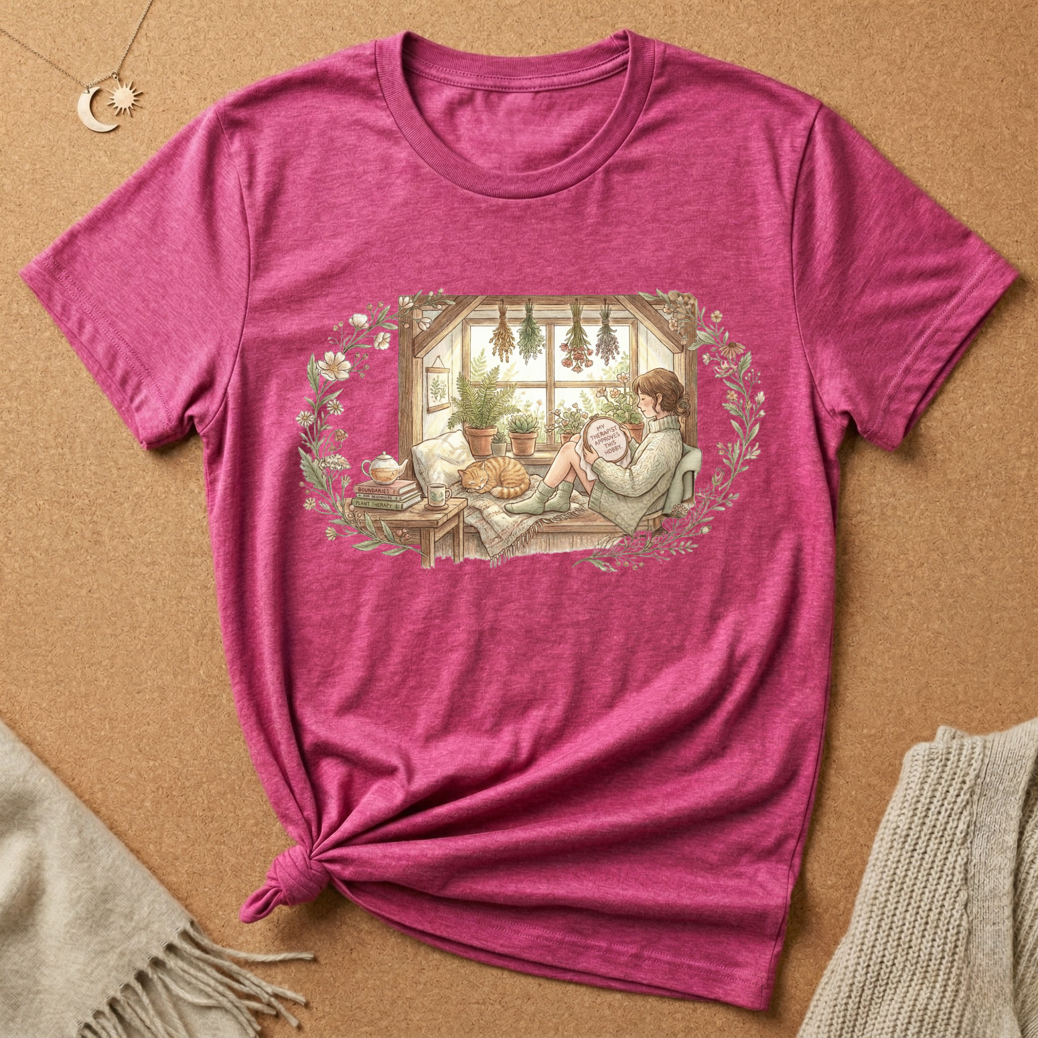 Cozy girl with cat by the window cottagecore inspired Tee