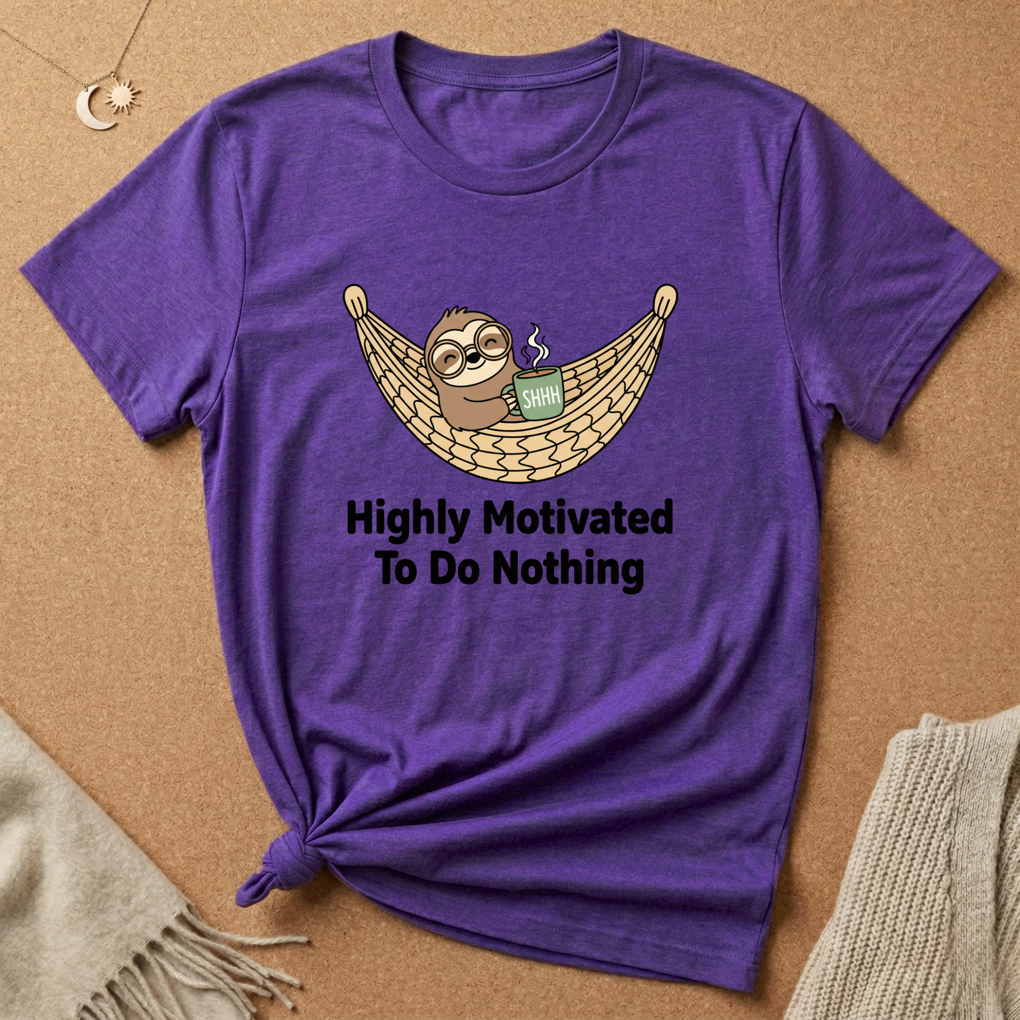 Sloth in Hammock Highly Motivated To Do Nothing Tee