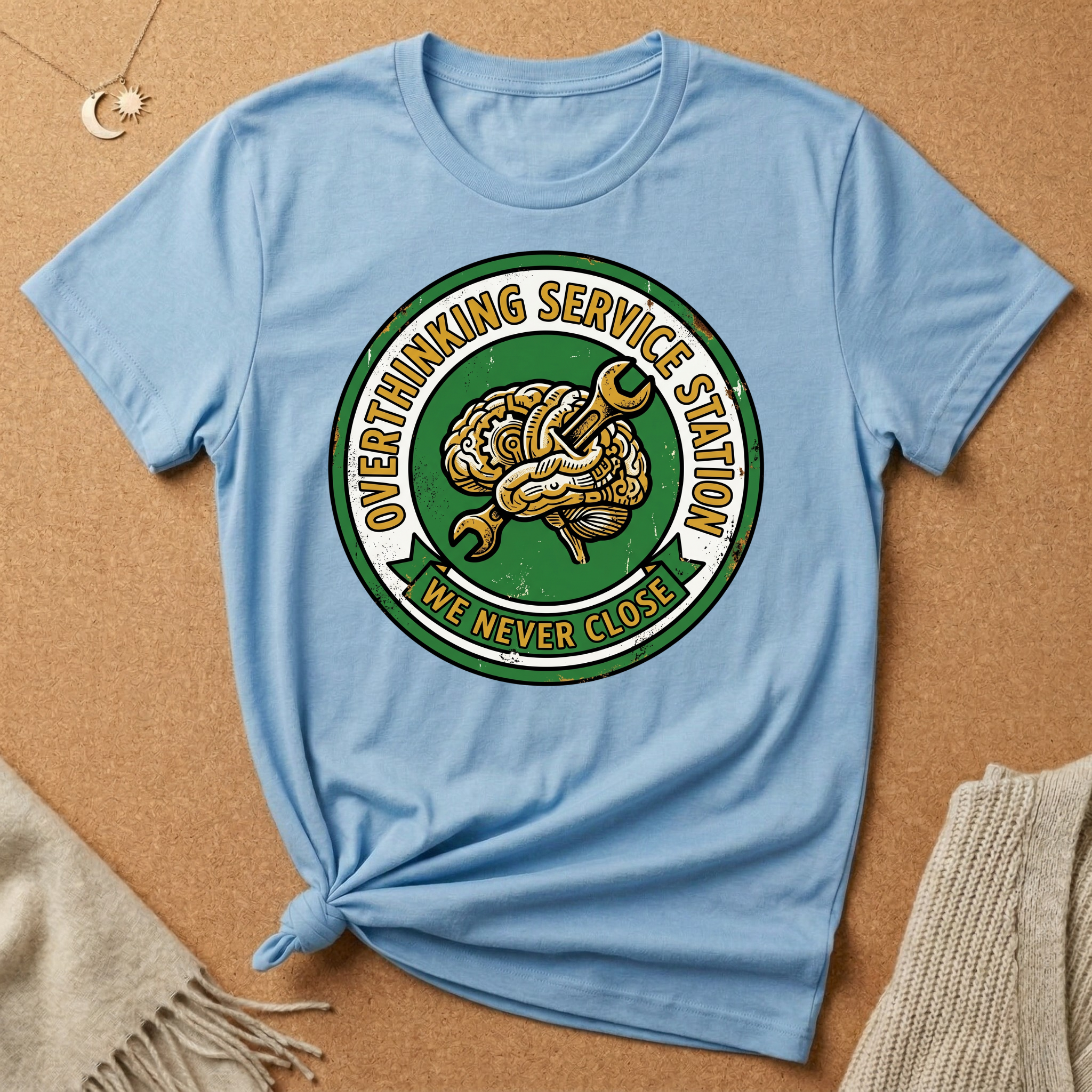 Overthinking Service Station We Never Close Brain Tee