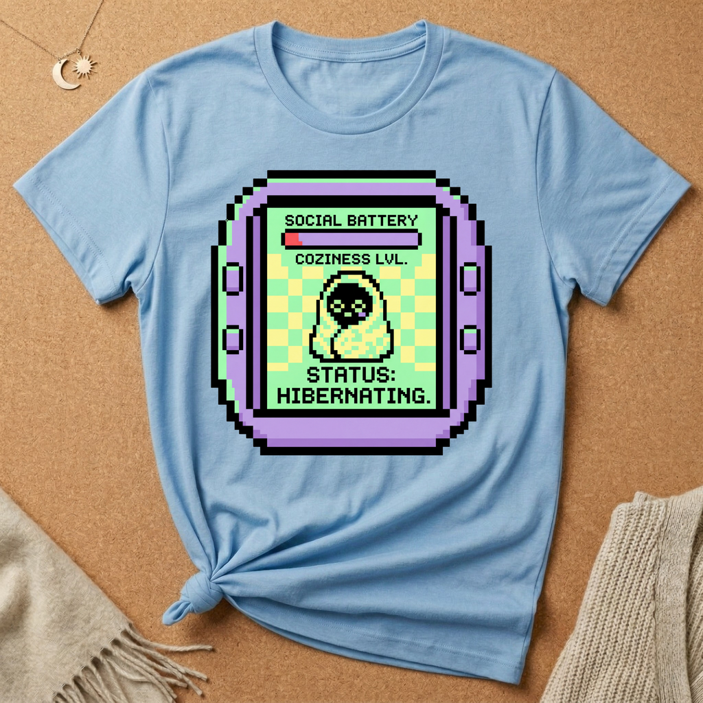 Pixel Pet Tee — "Social Battery: Status: Hibernating" Retro Virtual Pet Tee