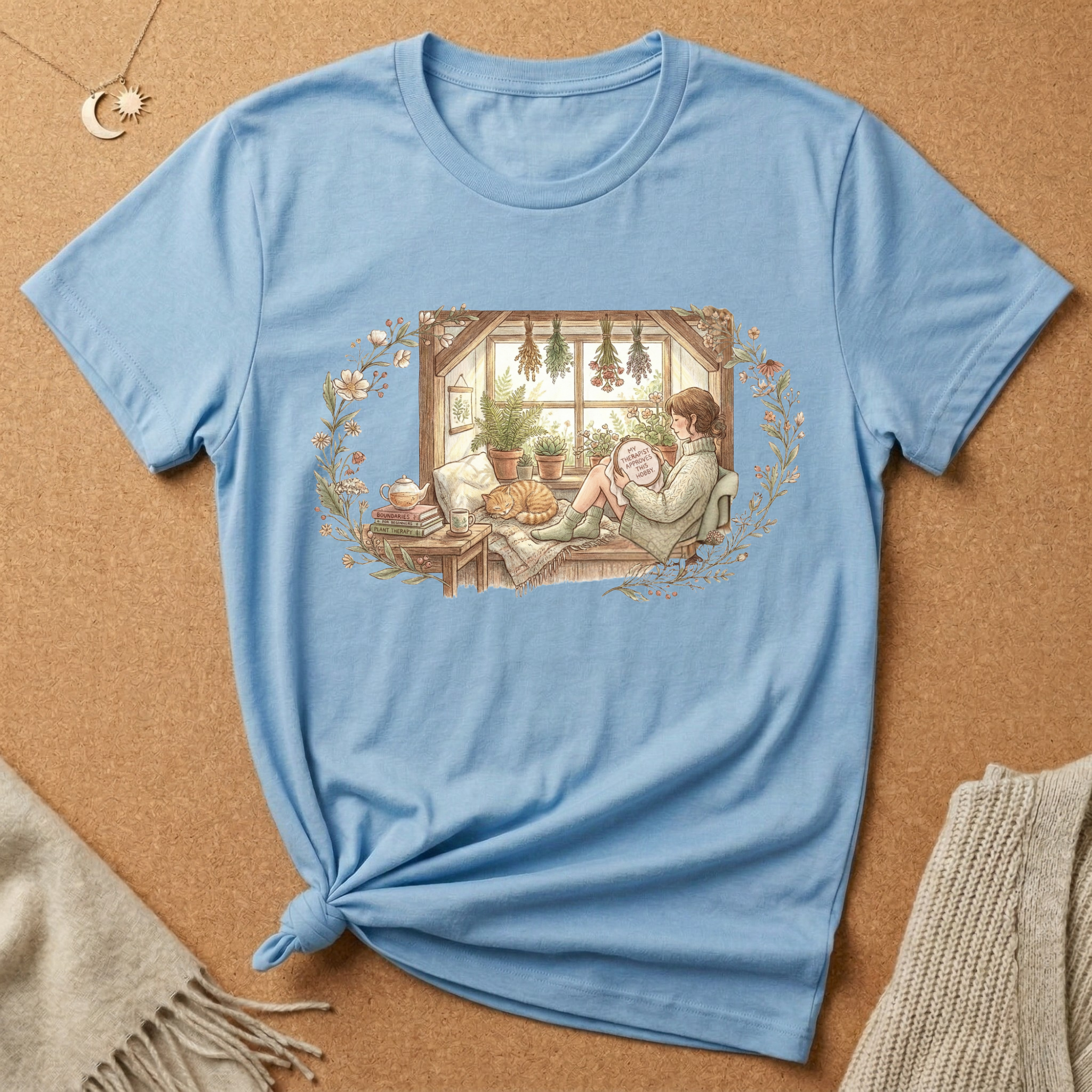 Cozy girl with cat by the window cottagecore inspired Tee