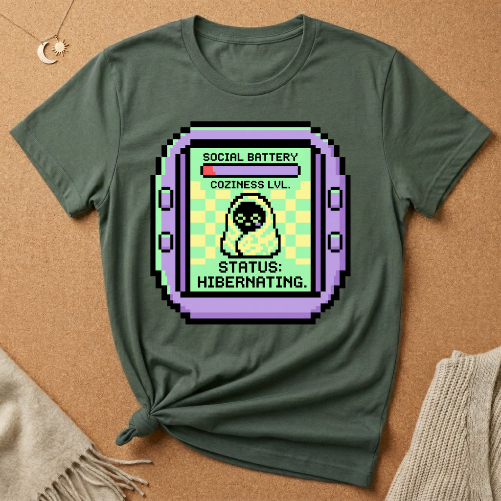 Pixel Pet Tee — "Social Battery: Status: Hibernating" Retro Virtual Pet Tee
