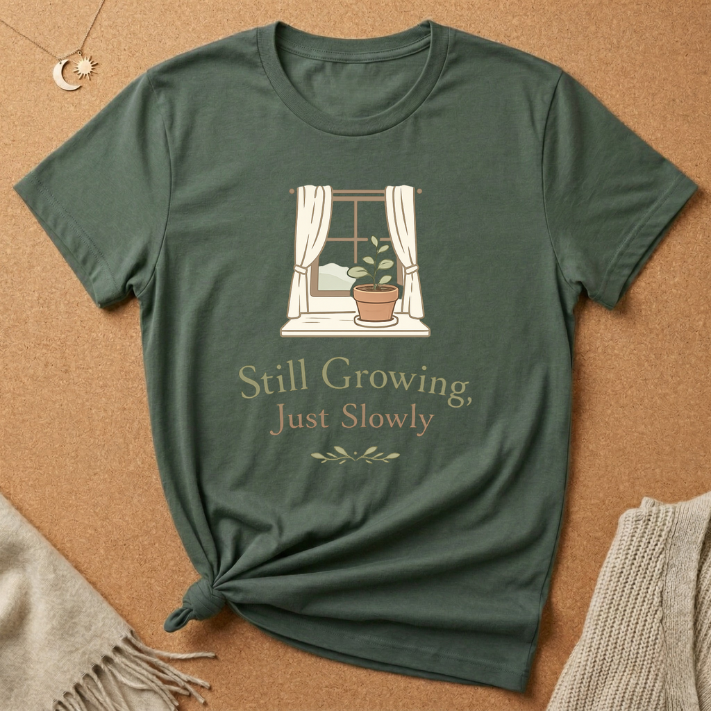 Still Growing, Just Slowly windowsill with plant Tee