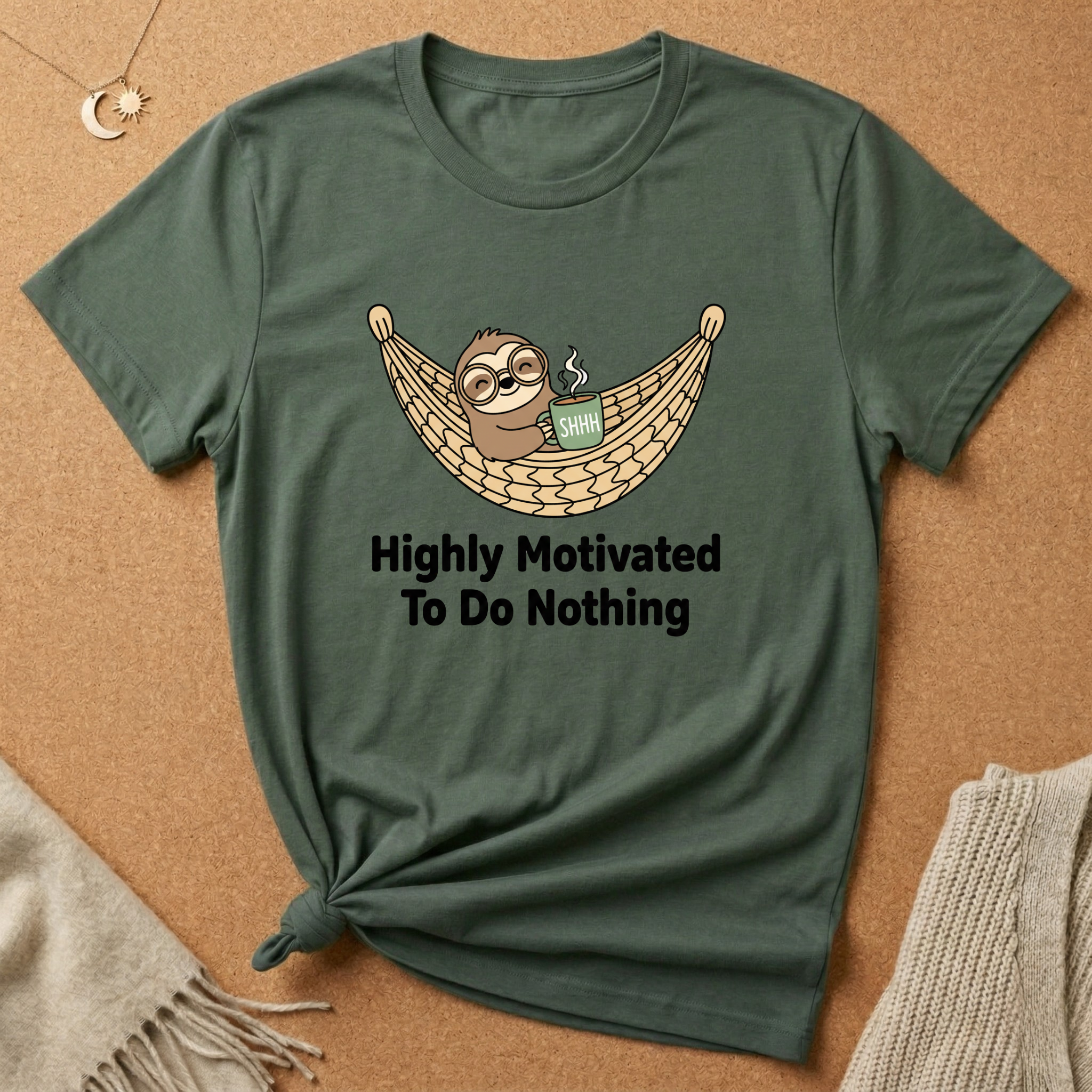 Sloth in Hammock Highly Motivated To Do Nothing Tee