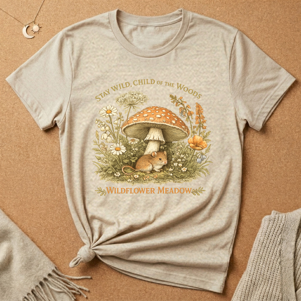 Stay Wild, Child of the Woods with mouse and mushroom Tee
