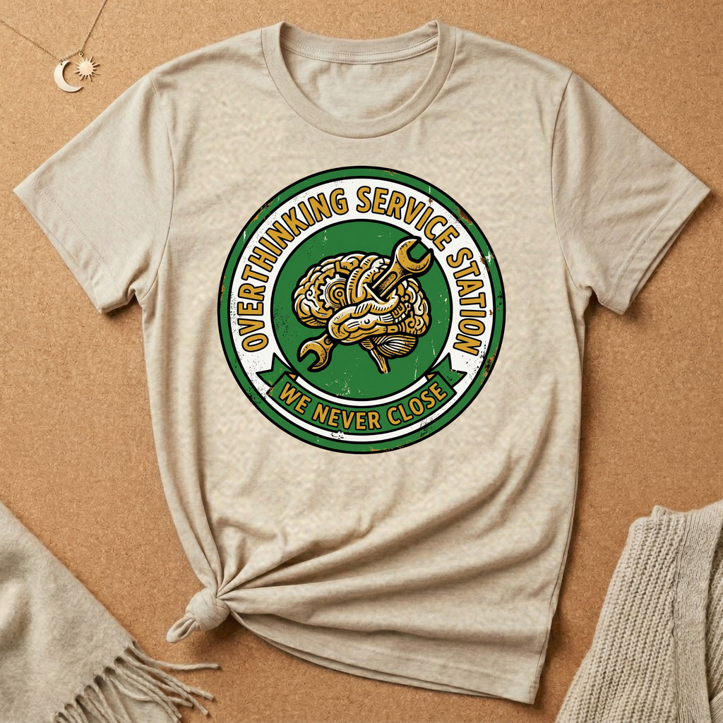 Overthinking Service Station We Never Close Brain Tee