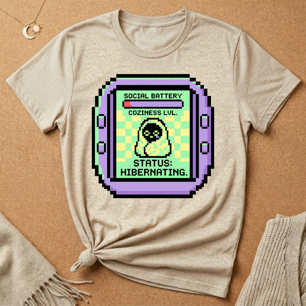 Pixel Pet Tee — "Social Battery: Status: Hibernating" Retro Virtual Pet Tee