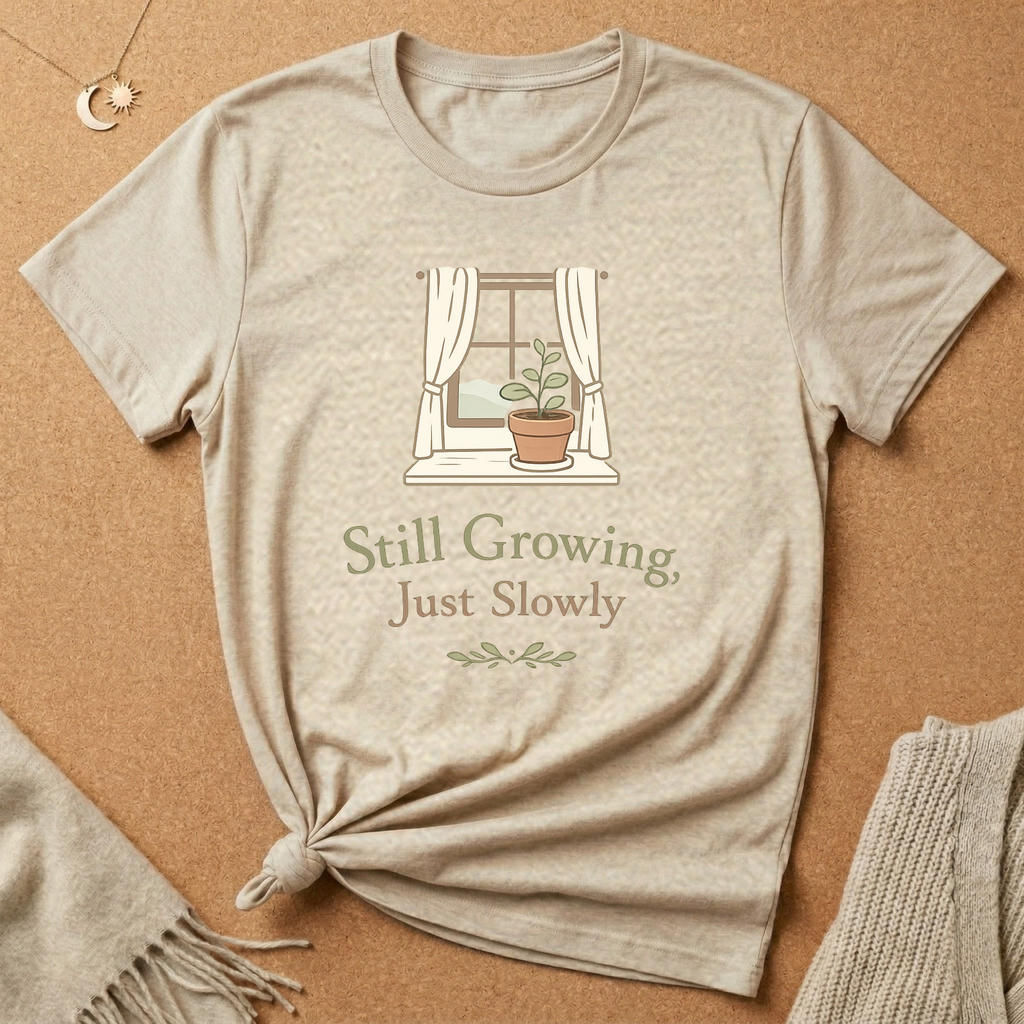 Still Growing, Just Slowly windowsill with plant Tee