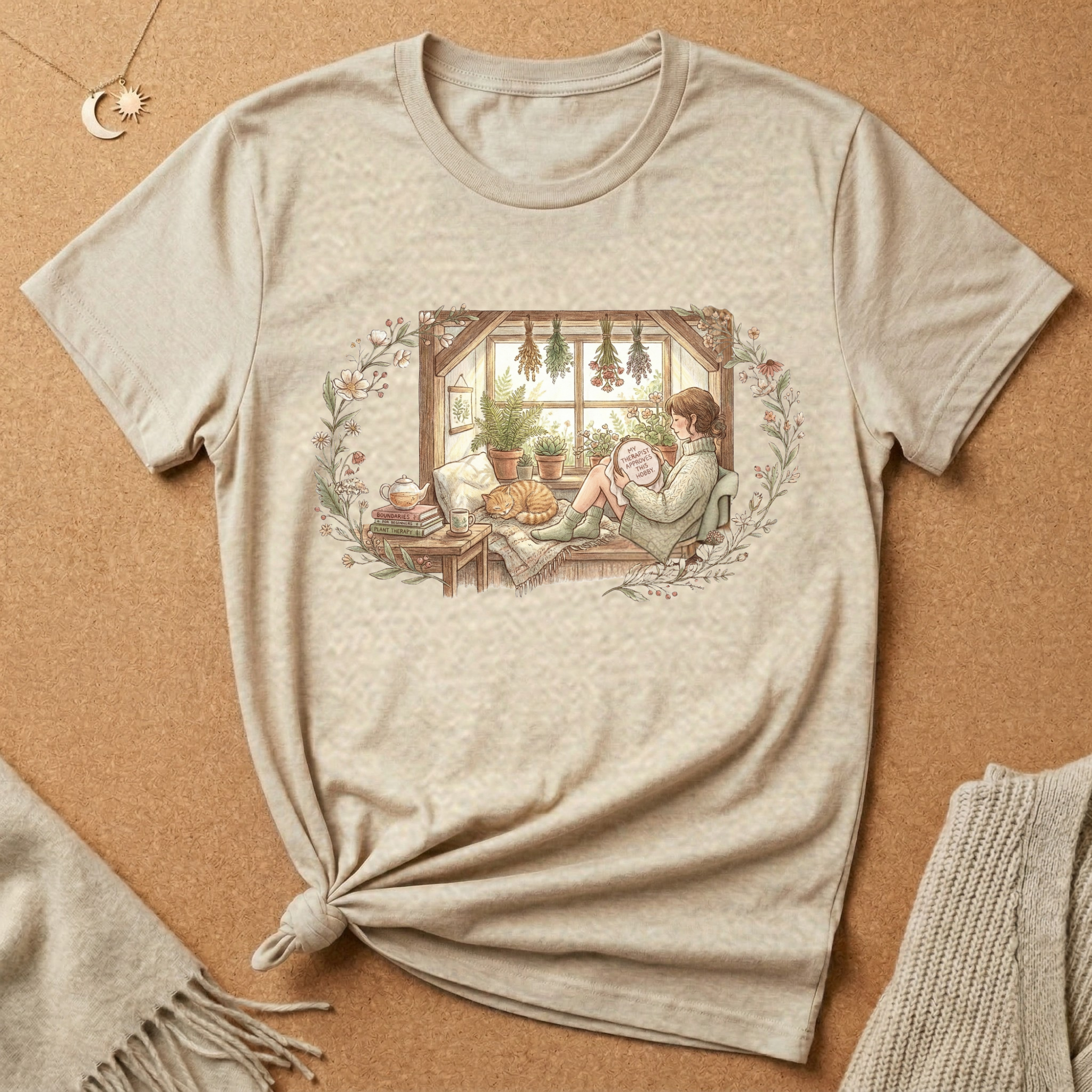 Cozy girl with cat by the window cottagecore inspired Tee