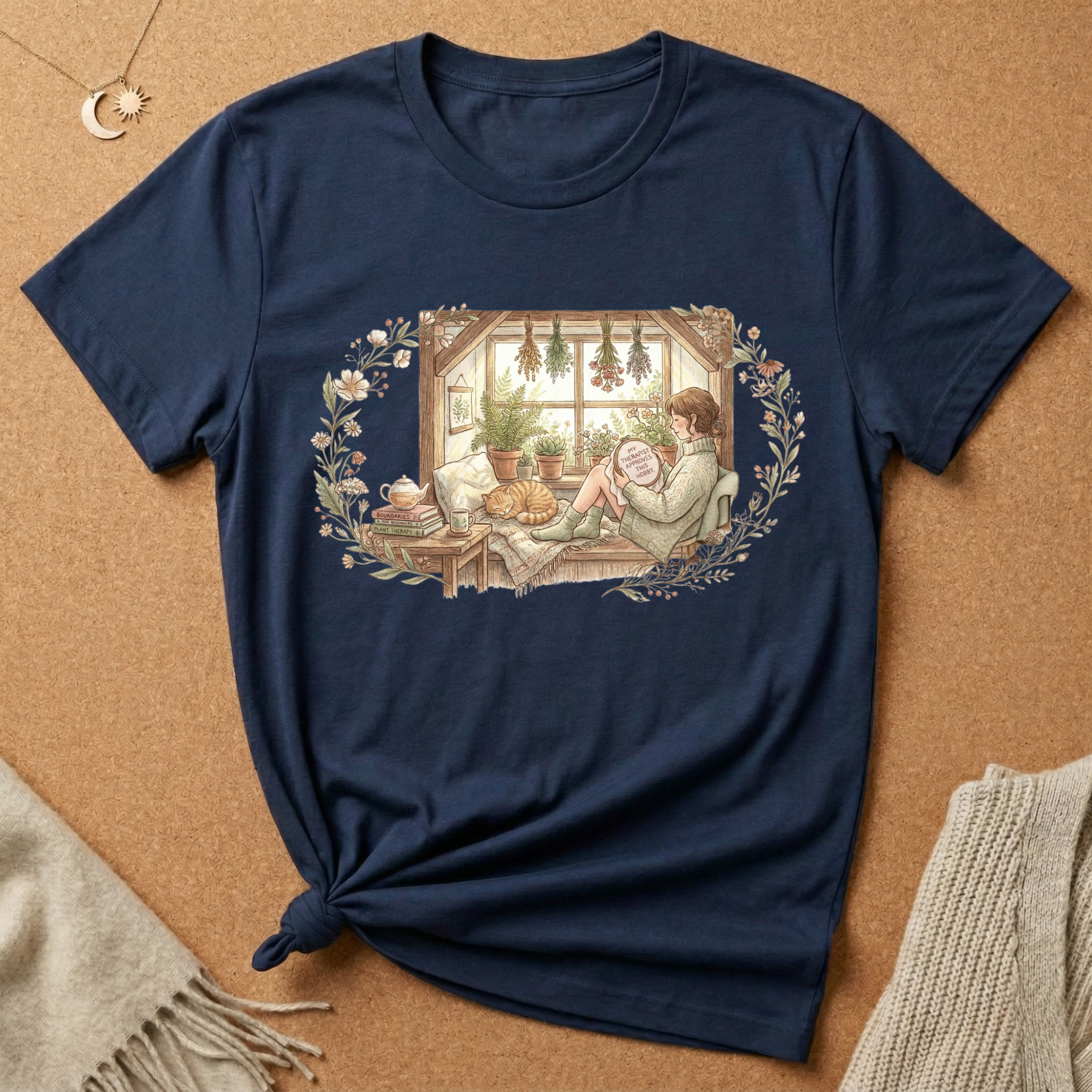 Cozy girl with cat by the window cottagecore inspired Tee