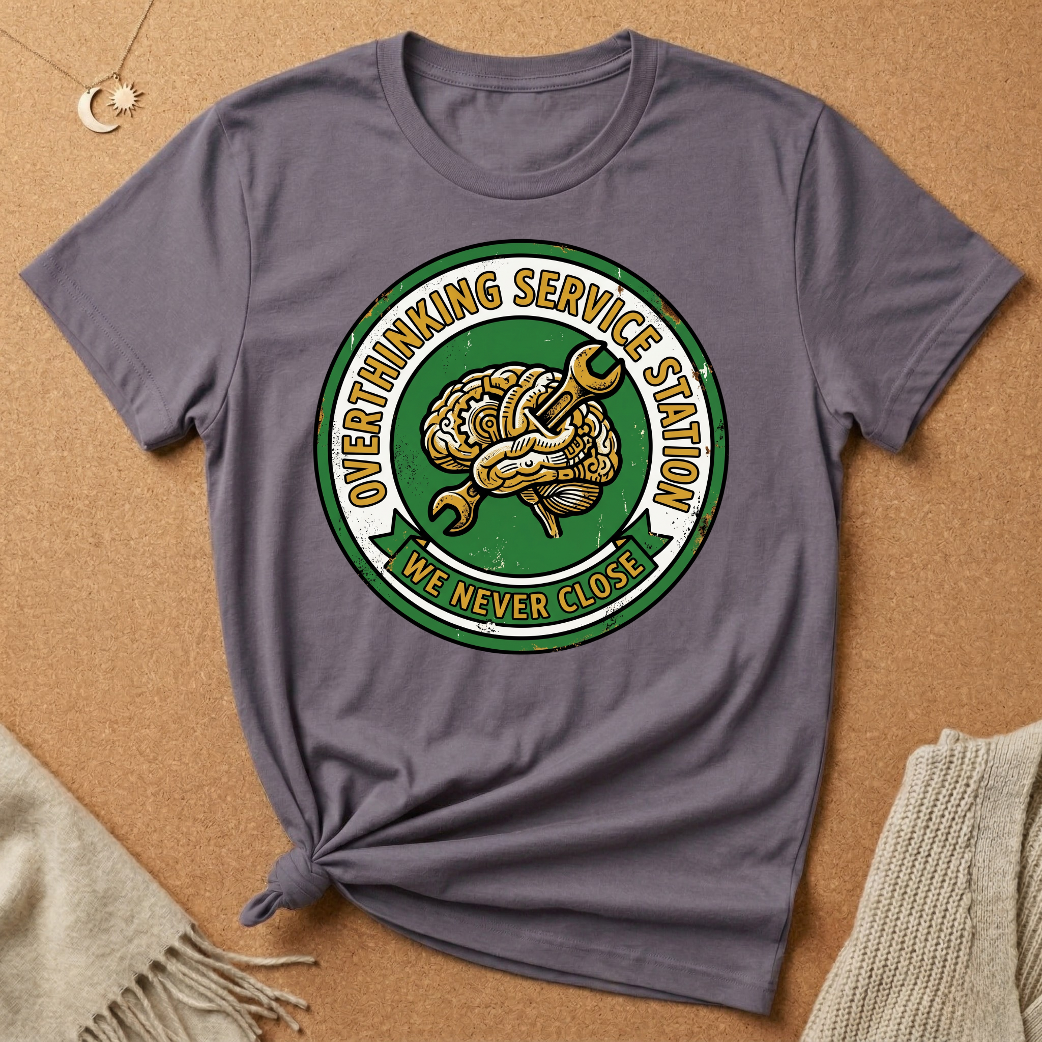 Overthinking Service Station We Never Close Brain Tee