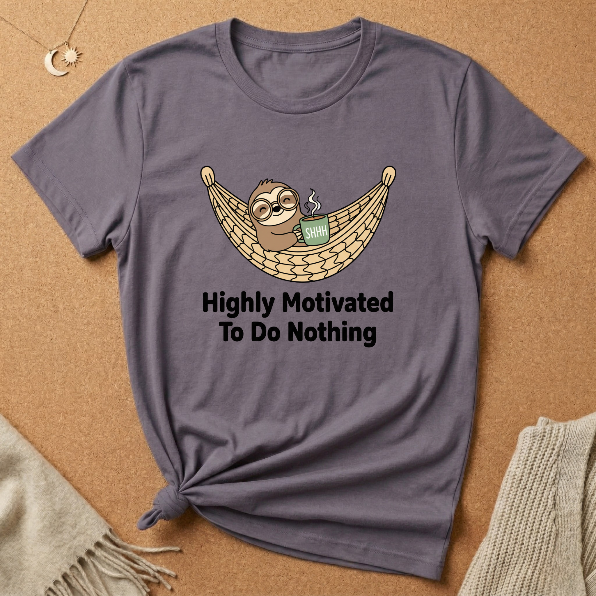 Sloth in Hammock Highly Motivated To Do Nothing Tee