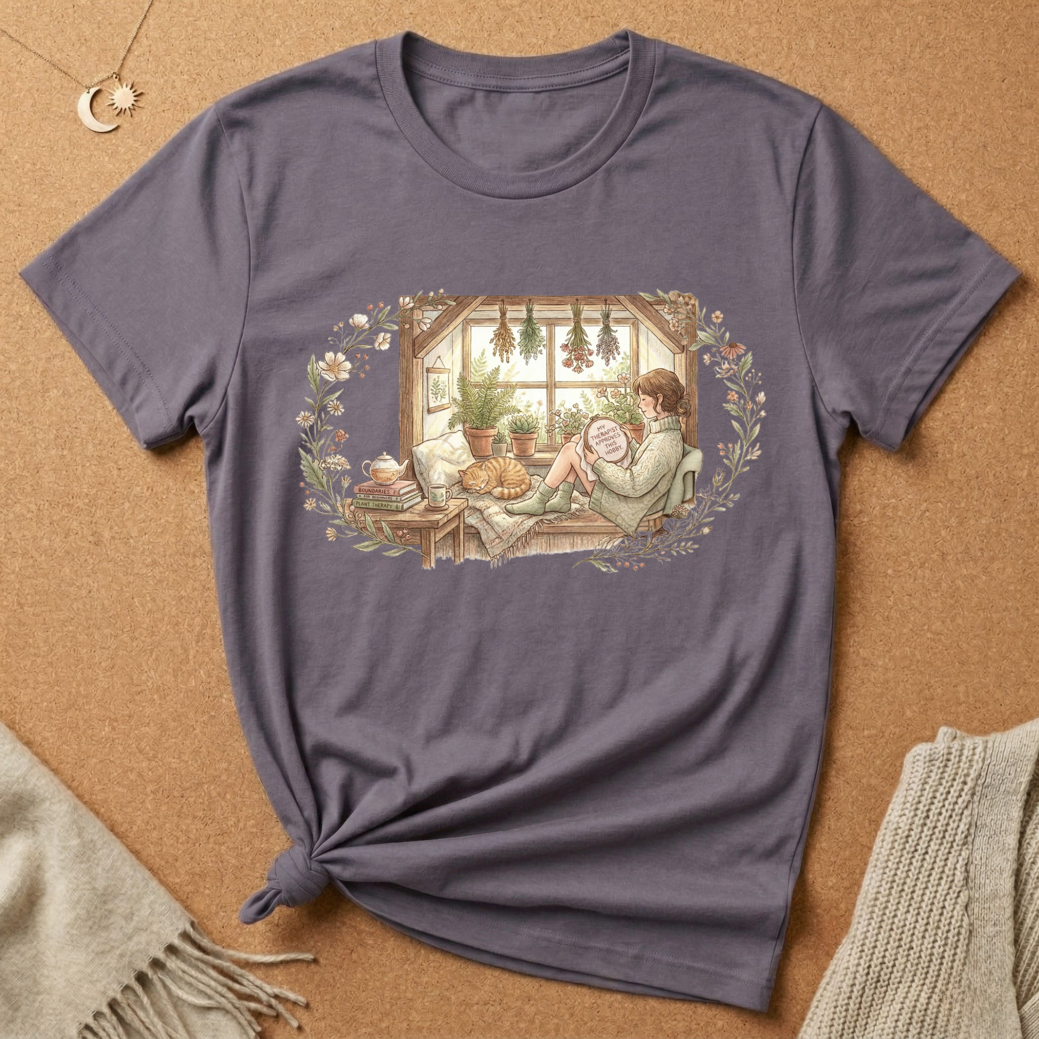 Cozy girl with cat by the window cottagecore inspired Tee