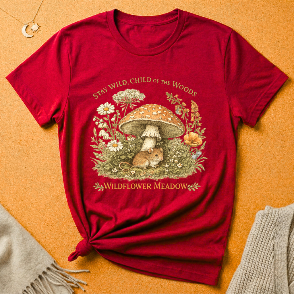 Stay Wild, Child of the Woods with mouse and mushroom Tee