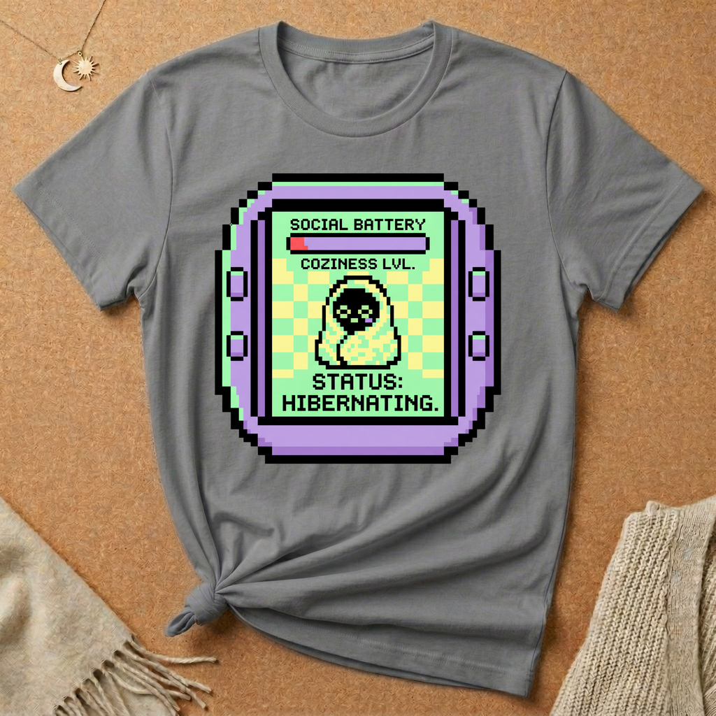 Pixel Pet Tee — "Social Battery: Status: Hibernating" Retro Virtual Pet Tee