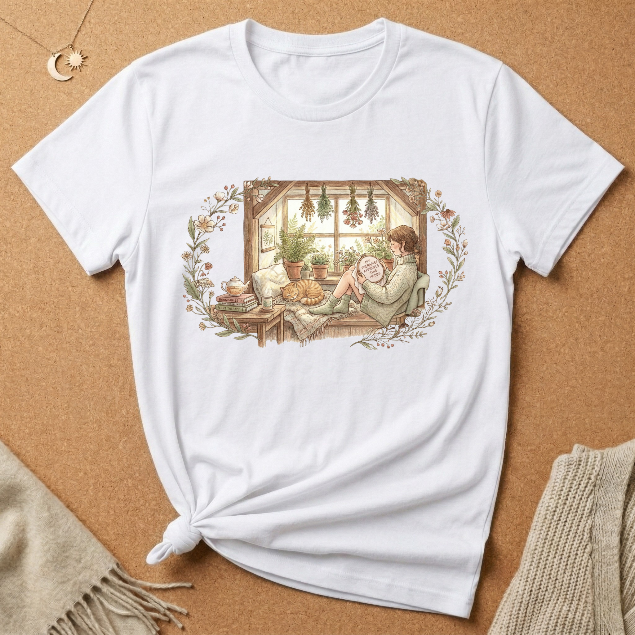 Cozy girl with cat by the window cottagecore inspired Tee