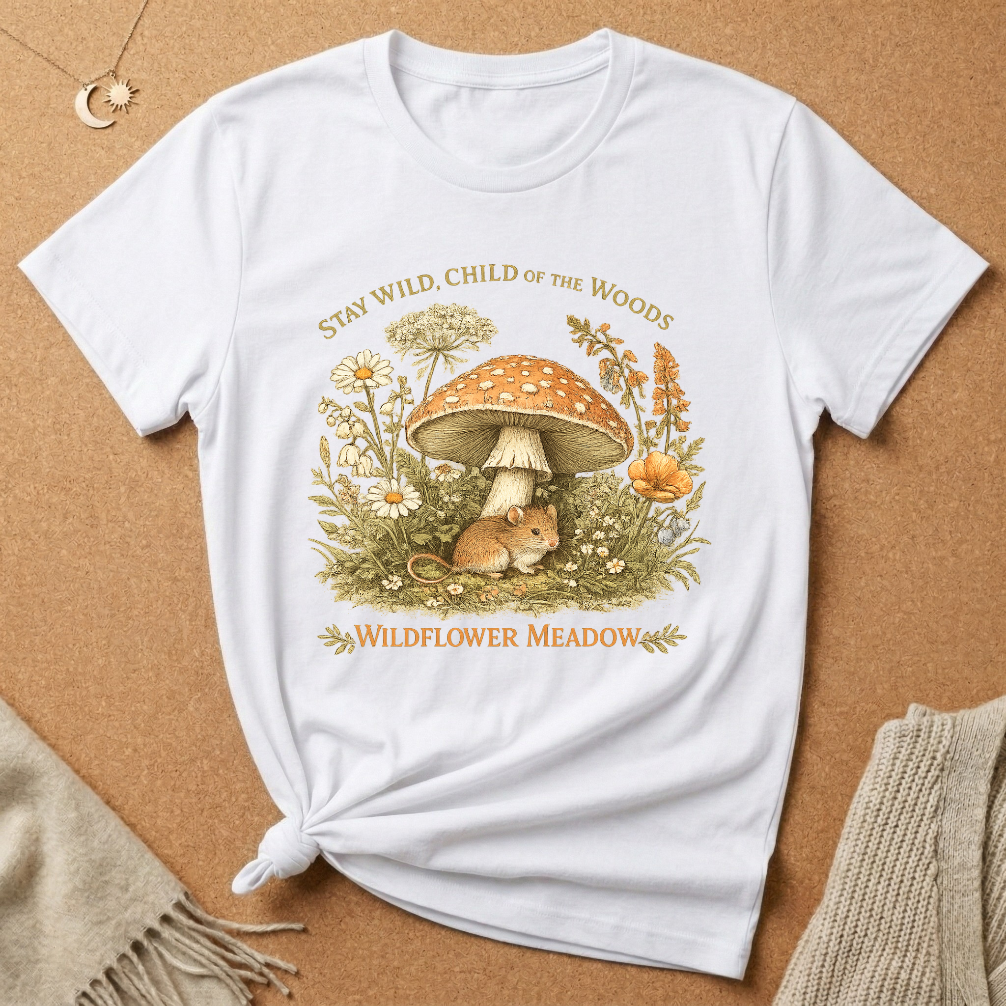 Stay Wild, Child of the Woods with mouse and mushroom Tee